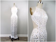 "This is an absolutely breathtaking gown. It's fully embellished with bright white, ivory and mirror-silver sequins and accented with tiny beading between each and every sequin. It's in excellent condition! Measurements: Bust - 32-33\" Waist - 24-25\" Hips - 35-36\" Length - 59\" This dress comes from a pet-free and smoke-free home. If you would like more info or have any questions, please don't hesitate to ask!" White Sequined Party Gown, White Sequined Floor-length Dress, White Sequin Floor-length Dress, Floor-length White Sequined Dress, White Floor-length Sequined Dress, White Sleeveless Sequined Gown, White Embellished Party Gown, White Sequined Floor-length Gown, Fitted White Embellished Gown