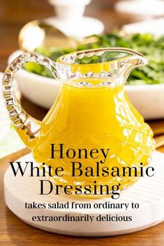 honey white balsamic dressing in a glass pitcher