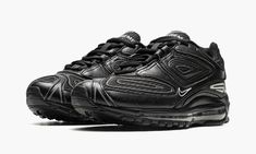 The Supreme x Nike Air Max 98 TL “Black” is one of four colorways of the retro running shoe by the New York based clothing brand.  Supreme’s seasonal collaboration with Nike continued in 2022 with the “World Famous” streetwear brand tapping the somewhat obscure Air Max 98 TL for a special collection of colorways.  The “Black” treats the silhouette to a monochromatic black makeover that excels in versatility.  The sneaker is complete with a black mesh base with tonal leather and TPU overlays.  Th Retro Running Shoes, Nike Air Max 98, Air Max 98, Stadium Goods, Sneaker Collection, Black Mesh, Running Shoe, Luxury Branding, Air Max