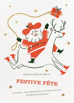 a festive fete holiday card with santa riding a reindeer