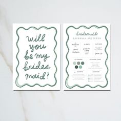 two cards with green and white lettering on them that say will you be my bridesmaid?