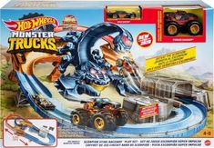 hot wheels monster trucks playset set with track and vehicles, including an electric train