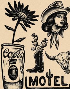 an image of a woman with flowers in a can and cow skull on the side