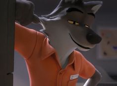 a cartoon character wearing an orange shirt and grey wolf head, with one hand on his head