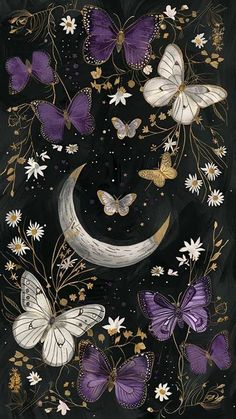 butterflies flying around the moon with flowers and stars in the sky on a black background