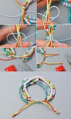 the instructions for making beaded bracelets are shown in four different pictures, including one with