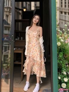 Lovely Floral Pattern Wrap Dress with Unique Charm Apricot Sleeveless Spring Dresses, Apricot Midi Dress For Summer, Apricot Midi Length Summer Dress, Spring Feminine Apricot Midi Dress, Apricot Summer Dress For Day Out, Casual Apricot Dress For Party, Summer Apricot Dress For Day Out, Sleeveless Apricot Midi Dress For Summer, Apricot Dresses For Spring Garden Party