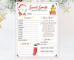 a printable christmas secret santa quiz game on a tree with ornaments and decorations in the background