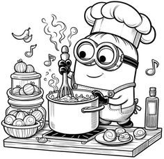 a cartoon minion cooking in the kitchen