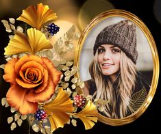 an image of a woman wearing a hat with flowers around her and a gold frame