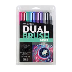 the dual brush pens are in a plastic package with four different colors and designs on it