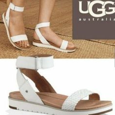 Ugg Women's Laddie Ankle Strap Sandals Model: 1015817 Color: White The Ugg Laddie Ankle Strap Sandal Strikes A Winning Balance Between Athleisure And Regular Leisure. Thick Leather Sandals Keep Feet Nice And Stable While A High-Performance Contrast Outsole Handles The Traction And Durability Hook-And-Loop Closure Imprint By Ugg Insole Treadlite By Ugg Outsole Rubber Toe And Heel Brand New With Box 100% Authentic Msrp: $120 + Tax Ankle Strap Sandals, Womens Uggs, Ugg Shoes, Sandal Espadrille, Strap Sandals, Women's Shoes Sandals, Leather Sandals, Athleisure, High Performance