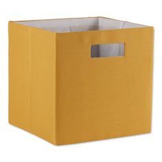 a yellow storage box with a handle on the front and bottom, has a square opening at the top