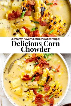 two bowls of delicious corn chowder with bacon and green onions in the bowl, one is