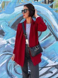 Embrace the weather in style in our chic swing coat that doubles as a wrap coat! Draped Jacket, Classy Coat, Drape Jacket, Wrap Coat, Winter Layering, Wool Peacoat, Red Blazer, Coat Design, Red Jacket