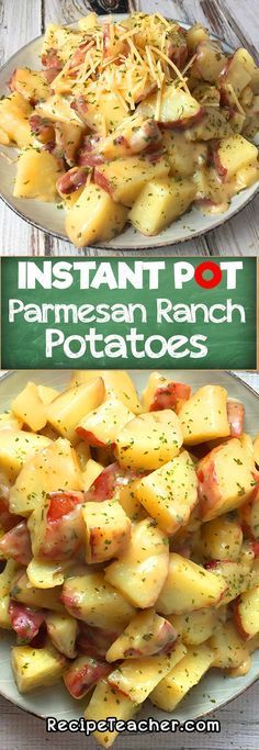 two plates filled with potatoes on top of a wooden table and the same plate full of potatoes