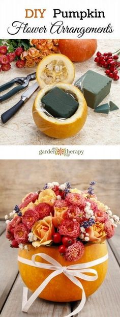 an orange bowl filled with flowers next to other items on a wooden table and the words diy pumpkin flower arrangements