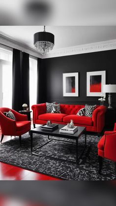 a living room filled with red couches and black chairs on top of a rug