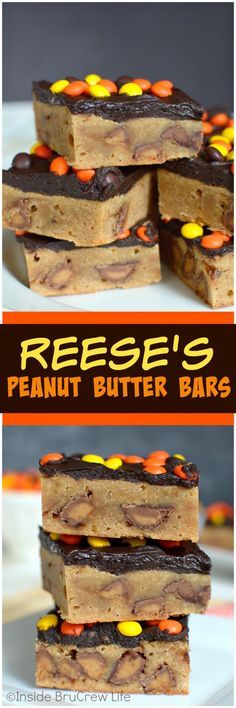 reese's peanut butter bars are stacked on top of each other with candy in the middle