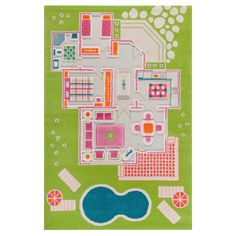 a green area rug with an image of a house and pool in the middle of it