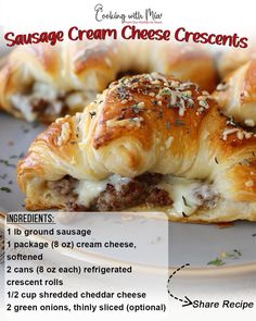 sausage cream cheese crescents on a plate with instructions for how to bake them