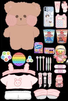 an assortment of toys including a teddy bear and other items are shown in this image