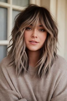 Woman with wavy, shoulder-length hair and bangs, wearing a beige sweater, smiling softly. Light Hair With Lowlights, Wolf Cut Hairstyle, Calico Hair, Wolf Cuts, Shaggy Layers, Vacation Hair, Peekaboo Highlights, Blonde Bangs, Vacation Hairstyles