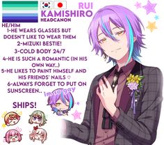 an anime character with purple hair wearing a suit and holding his hand up to his chest