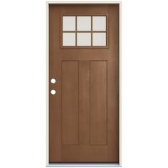 a brown door with two glass panels on the top and bottom panel, against a white background