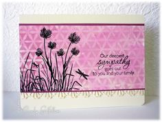 a pink card with black flowers and a dragonfly on the front that says, our deepest sympathy goes out to you and your family