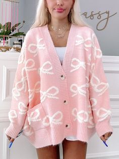 Bow My Way Pink Bow Cardigan | Sassy Shortcake Winter Clothes Fashion, Sparkle Romper, Sassy Shortcake, Bow Cardigan, Patriotic Dresses, Loose Knit Sweaters, Pink Cardigan, Oversized Cardigan, Winter Fashion Outfits