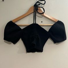 Never Worn Tied Up Adjustable Stretchy Black Stretch Top With Tie Back, Fitted Black Crop Top With Tie Back, Black Tie-back Crop Top For Spring, Black Tie Back Crop Top For Spring, Black Tie Back Crop Top, Chic Black Top With Drawstring, Black Tops With Drawstring For Night Out, Zara Black Stretch Crop Top, Zara Black Ribbed Top