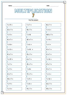 the printable worksheet for multiplication, which includes seven numbers