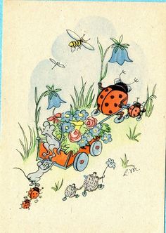 a ladybug pulling a cart full of flowers and bugs