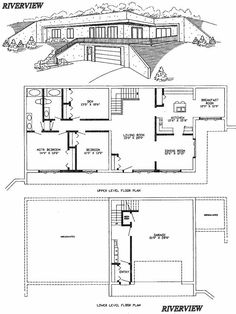 two story house plans with garage and living room on the first floor, one level