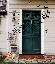 a green door with bats on it and pumpkins in the front yard next to it