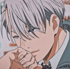 an anime character with white hair and gray eyes is looking at the camera while holding his hand to his face