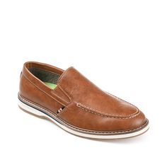 Vance Co.-Harrison Loafer The Vance Co Harrison loafer is made with vegan leather upper, bold stitching, contrast lining, and has a slip-on construction for an effortless style. Its Tru Comfort Foam insole delivers plush comfort while the rubber sole enhances traction and flexibility. Brown Synthetic Loafers For Business Casual, Brown Slip-ons With Contrast Sole For Work, Brown Moc Toe Slip-ons With Contrast Sole, Brown Slip-on Boat Shoes For Work, Cognac Leather Sole Slip-on Loafers, Keen Style, Brown Woven Leather Slip-on Loafers, Cognac Leather Semi-formal Loafers, Brown Synthetic Slip-on Loafers