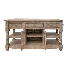 an old wooden table with two drawers and one shelf on the bottom, against a white background