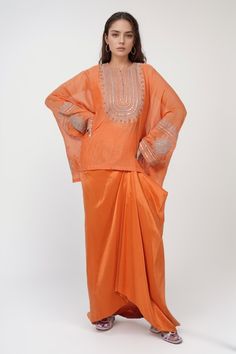 Burnt orange boxy top with dori and sequin embroidered yoke and sleeves. Comes with solid draped skirt. - Aza Fashions Boxy Top Pattern, Anamika Khanna, Boxy Top, Draped Skirt, Top Pattern, Set For Women, Aza Fashion, Fashion Set, Burnt Orange