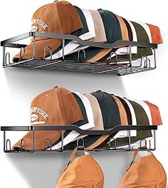 two metal shelves with hats hanging on them and one has a baseball cap attached to it