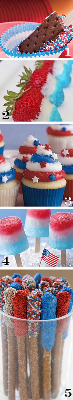 cupcakes decorated with red, white and blue icing are displayed in plastic cups