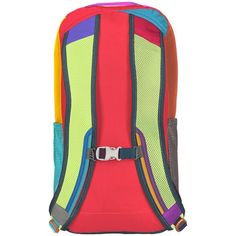 a colorful backpack with a buckle on the front