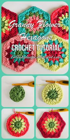 crochet granny flower appliques are shown in four different colors and sizes