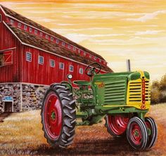 a painting of a farm tractor in front of a red barn with an orange sky