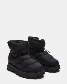 SNOWY Black Puffed Bootie | Women's Booties – Steve Madden Loafers Trend, Black Winter Boots, Women's Booties, Trainer Heels, Business Shoes, Black Trainers, Hot Sneakers, Trainer Boots, Girls Sneakers