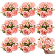 a bunch of pink roses are arranged in the shape of a bouquet