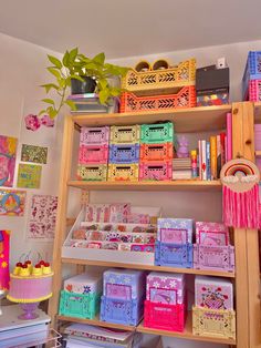 a shelf filled with lots of colorful boxes next to a potted plant on top of a table