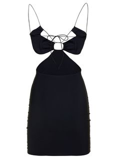 a women's black dress with a bow at the back and straps on it