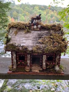 a doll house with moss growing on it's roof in the woods next to a body of water